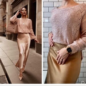 NYDJ Rose Gold Champagne Sequin Cable Knit Sweater